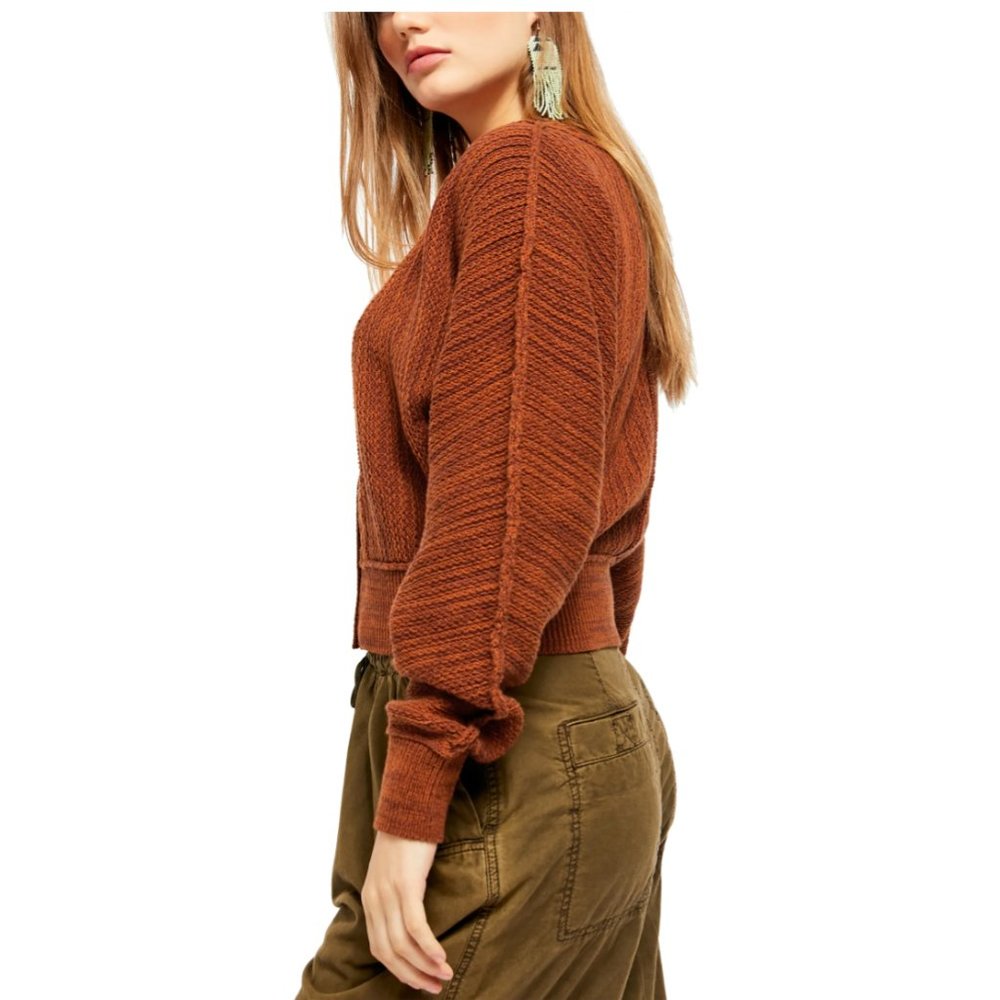 FREE PEOPLE Moon River Cropped Cardigan, Brown - Picture 6 of 10